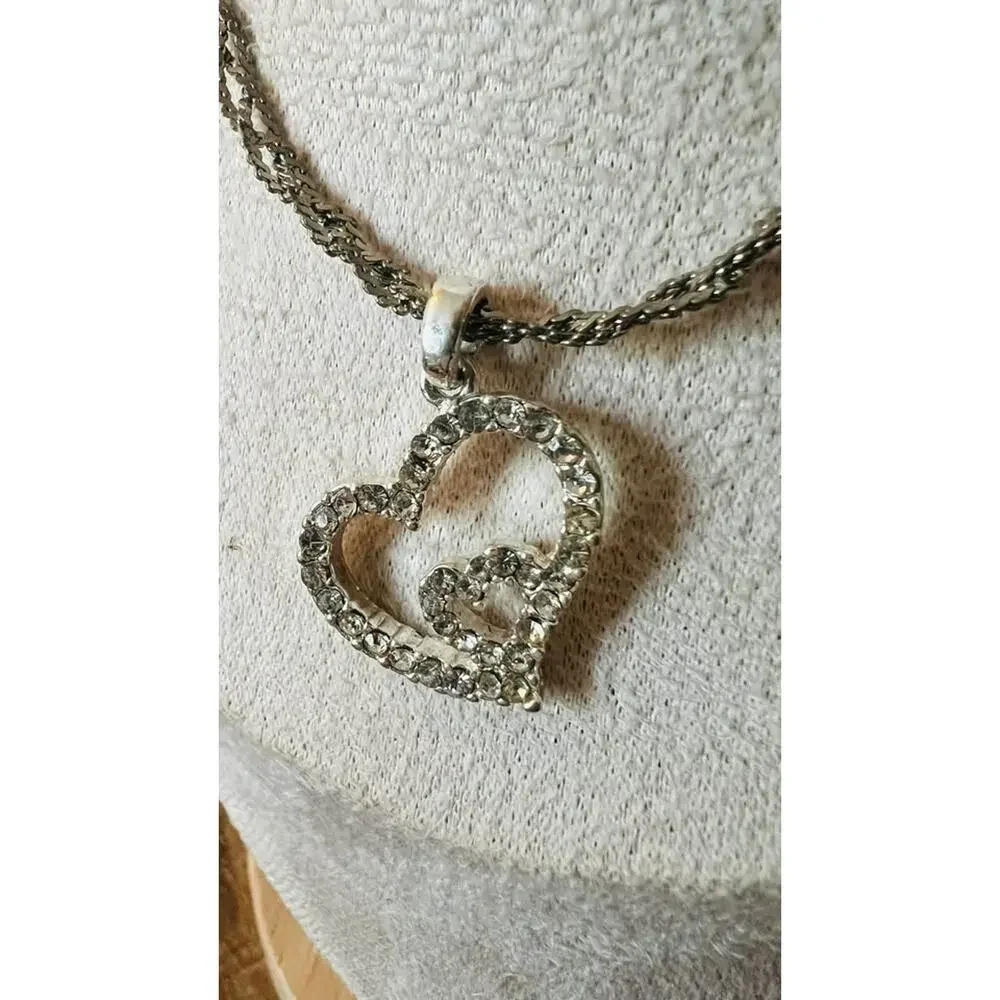 Silver-Tone Double Heart Rhinestone Pendant Necklace
